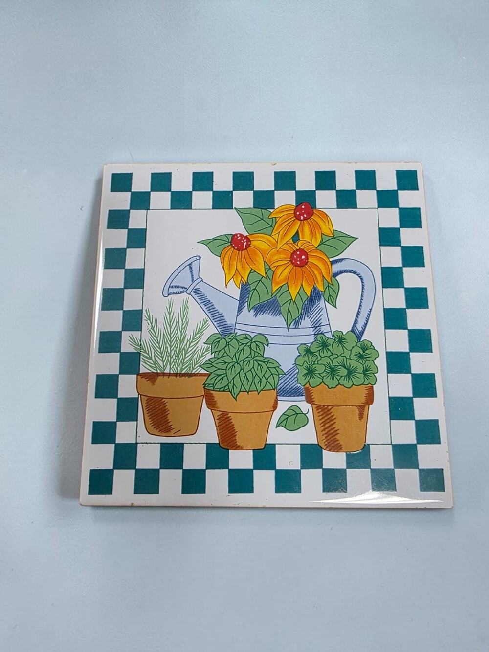 Ceramic Trivet Black Eyed Susan Flowers Watering Can Checkerboard Cork Back